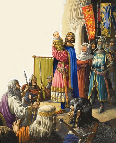Re Edoardo I (1239-1307) presenta il figlio neonato (gouache su carta) da Michael Godfrey