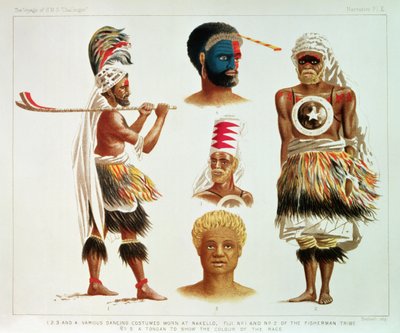 Vari costumi da ballo indossati a Nakello, Fiji, illustrazione da 