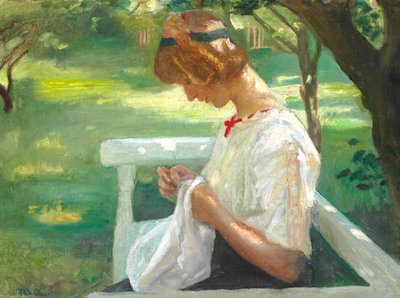 Ella Saxild cuce in giardino in una giornata estiva. da Michael Peter Ancher
