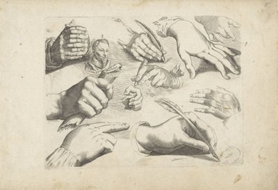 Foglio di studio con esempi di disegno: mani e ritratto di Hendrick Goltzius da Michael Snijders