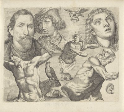 Foglio di studio con esempi di disegno: teste, torso e animali da Michael Snijders