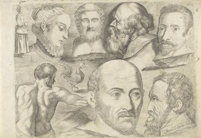 Foglio di studio con esempi di disegno: figura in piedi, gallo e teste da Michael Snijders