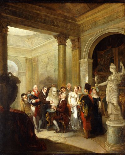 Un capriccio interno con un gruppo di signore e signori che esaminano un busto di Antinoo, con la Speranza Atena e una galleria di quadri oltre a destra; un salone a cupola a sinistra, 1811 da Michael William Sharp