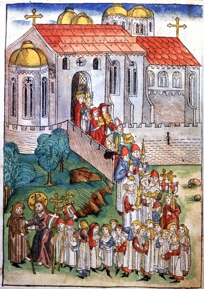 Pellegrinaggio a San Giacomo di Compostela, incisione, fine XV secolo da Michael Wohlgemuth