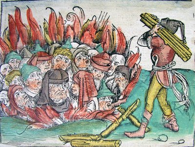 Rogo degli ebrei a Deggendorf nel 1338 dalla Cronaca del Mondo di Schedel, 1493 da Michael Wolgemut