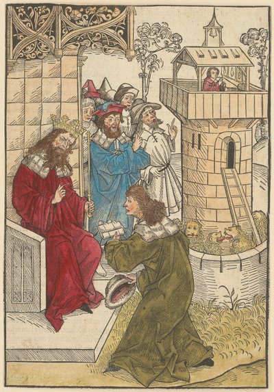 Ein Fürst kniet vor König Darius und der betende Daniel über der Löwengrube da Michael Wolgemut