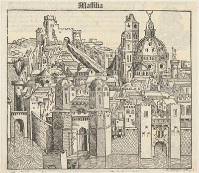 Phantasieansicht der Stadt Marseille [recto], drei Porträts (Phereades, Pythagoras und Sappho) [verso] da Michael Wolgemut