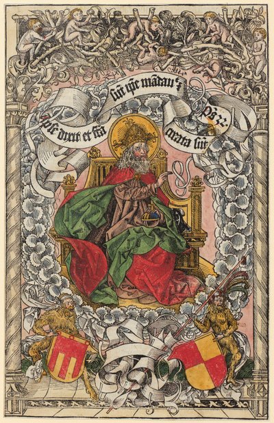 Titelholzschnitt mit Gottvater auf dem himmlischen Thron, die Hand segnend erhoben da Michael Wolgemut