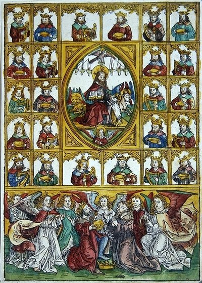 Gesù circondato dai Simboli dei Quattro Evangelisti e molti re con arpe e coppe d