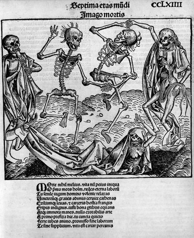 Scena di danza macabra, con scheletri, -in Cronache di Norimberga di Hartmann Schedel (1440-1514), edito a Norimberga da Anton Koberger, 12 luglio da Michael and Pleydenwurff W. (d.1494) Wolgemuth