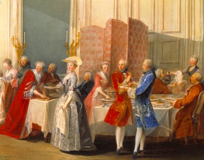 Buffet con ospiti accanto a uno schermo. (dettaglio) da Michel Barthelemy Ollivier or Olivier