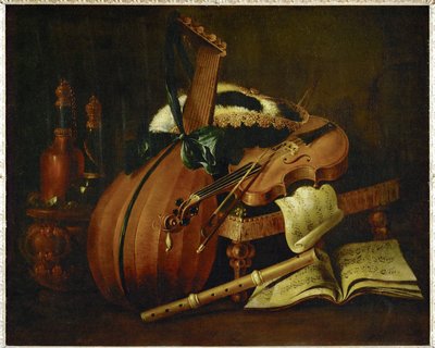 Liuto, violino, flauto, spartito musicale e cappello a tre corna ... da Michel Boyer