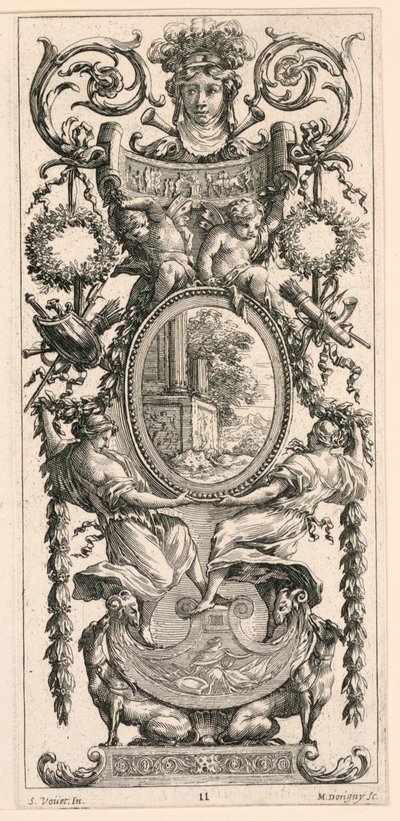 Pannello ornamentale sormontato da una testa affiancata da fogliame, tavola 11 dal Pannello ornamentale sormontato da una testa affiancata da fogliame, dal Livre de Diverses Grotesques peintes dans le Cabinet et Bains de la Reyne Regente, au Palais Royale da Michel Dorigny