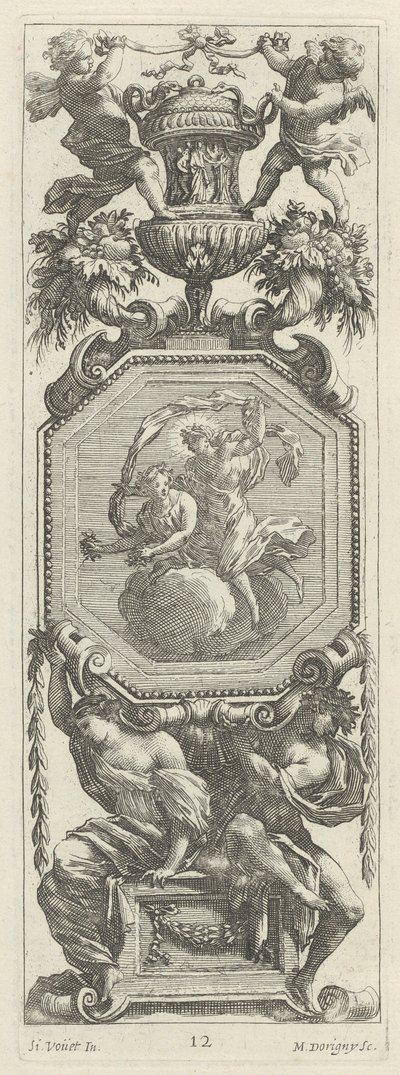 Pannello ornamentale sormontato da due putti e un vaso da Michel Dorigny, after Simon Vouet