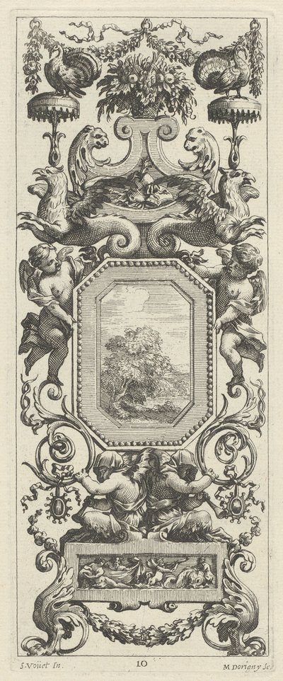 Pannello ornamentale sormontato da un cesto di fiori e una ghirlanda da Michel Dorigny, after Simon Vouet