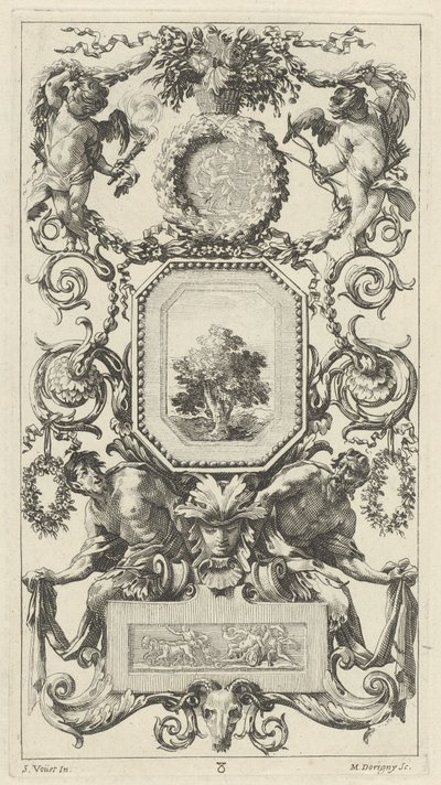 Pannello ornamentale sormontato da un cesto di fiori con Cupido e Imene da Michel Dorigny, after Simon Vouet