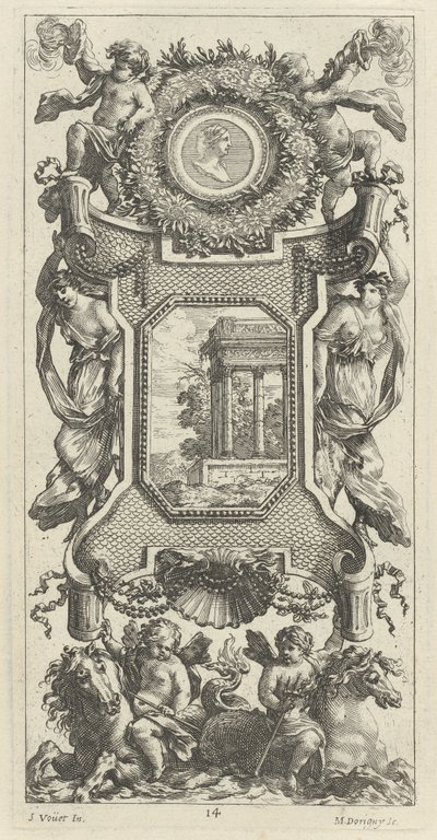 Pannello ornamentale sormontato da un busto di donna e due putti con trombe fiammeggianti da Michel Dorigny, after Simon Vouet