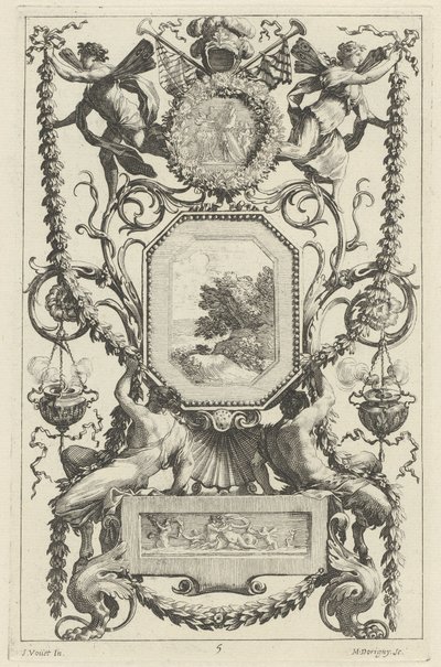 Pannello Ornamentale Sormontato da un Medaglione con un Sacrificio da Michel Dorigny, after Simon Vouet
