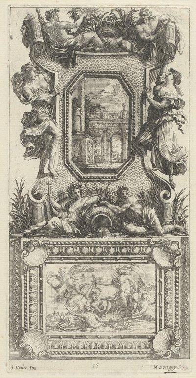 Pannello ornamentale sormontato da una Naiade e un Dio del Fiume da Michel Dorigny, after Simon Vouet