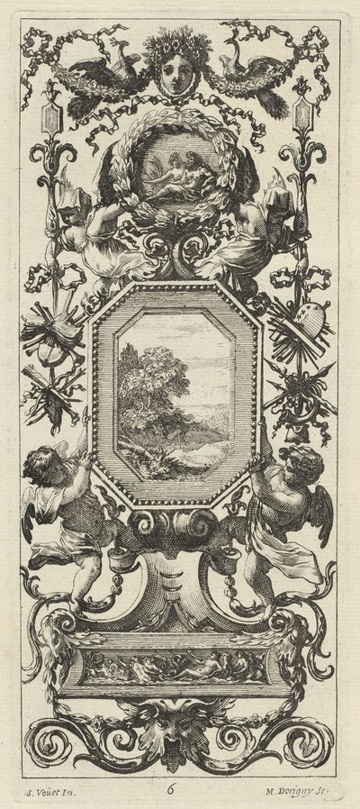 Pannello ornamentale sormontato dalla testa incoronata di una donna e due pavoni da Michel Dorigny, after Simon Vouet