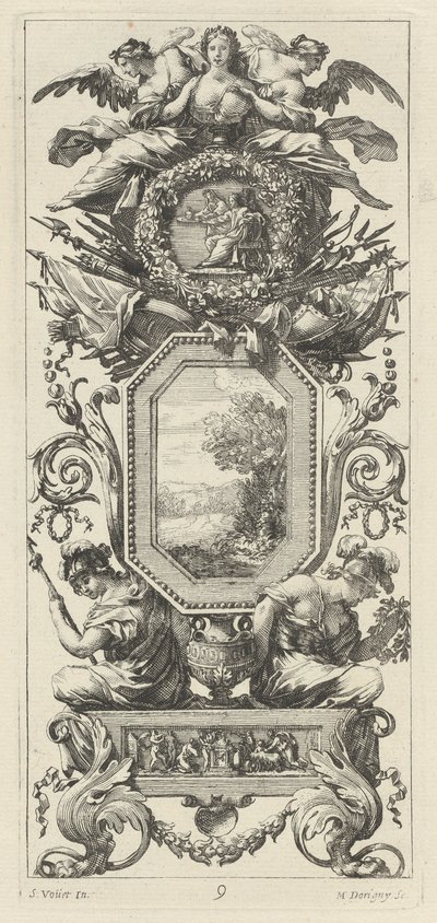 Pannello ornamentale sormontato da due figure appoggiate sul busto di una donna da Michel Dorigny, after Simon Vouet