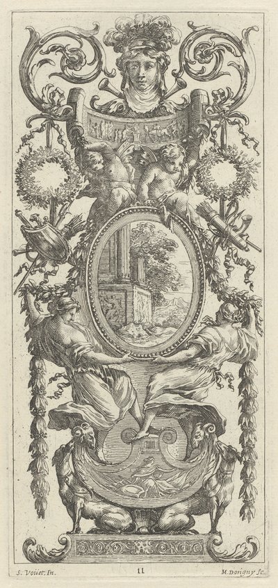 Pannello Ornamentale Sormontato da una Testa Fiancheggiata da Fogliame da Michel Dorigny, after Simon Vouet