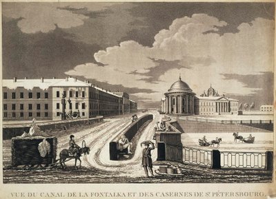 Veduta del Ponte Izmailovsky e delle Caserme attraverso il fiume Fontanka, fine XVIII secolo da Michel François Damame Demartrais