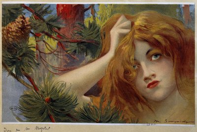 Donna dai capelli rossi che guarda inquieta, cromolitografia di Simondy da Michel Simonidy