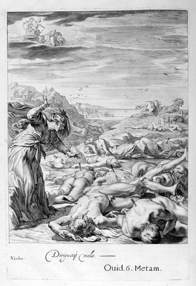 Apollo e Diana uccidono i Figli di Niobe con le loro frecce: lei è trasformata in pietra, 1655 da Michel de Marolles