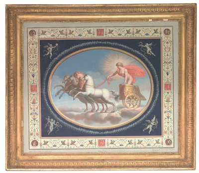 Uno dei quattro pannelli decorativi raffiguranti Apollo, Marte, Venere e Mercurio in carrozza, circondati da grottesche pompeiane (colore a corpo su acquaforte su carta) da Michelangelo (studio of) Maestri