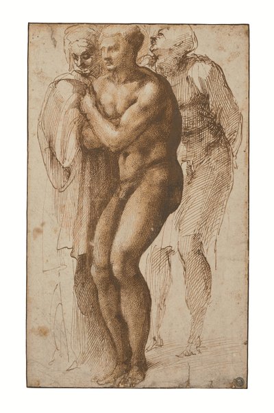Un uomo nudo (dopo Masaccio) e due figure alle sue spalle (penna e due tonalità di inchiostro marrone, lavaggio marrone, filigrana) da Michelangelo Buonarroti