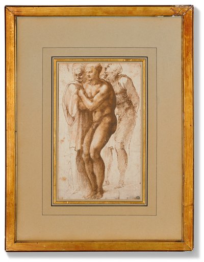 Un uomo nudo (dopo Masaccio) e due figure alle sue spalle (penna e due tonalità di inchiostro marrone, lavaggio marrone, filigrana) da Michelangelo Buonarroti