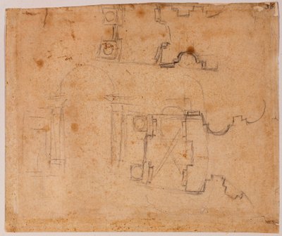 Elevazione architettonica e dettagli del piano di San Giovanni dei Fiorentini da Michelangelo Buonarroti
