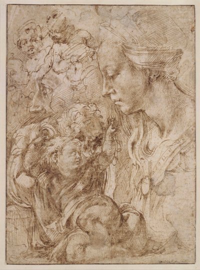Etude pour la sainte Famille avec saint Jean Baptiste enfant (Studio per una Sacra Famiglia con Giovanni Battista bambino) Disegno di Michelangelo Buonarroti (1475-1564) - 1505 - Penna, pennello, inchiostro indiano su carta Dim 28,7x20,9 cm Staatliche Muse da Michelangelo Buonarroti