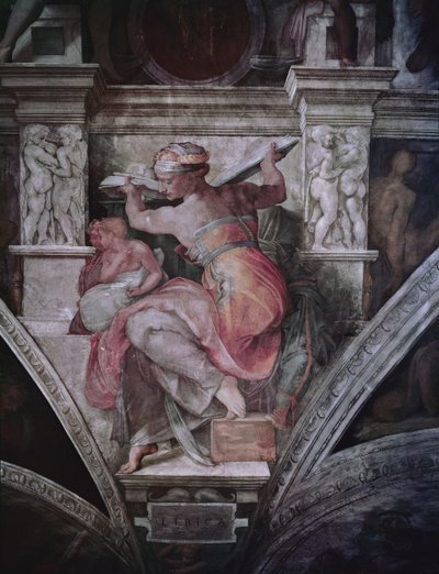 Soffitto della Cappella Sistina: Sibilla Libica, c.1508-10 (prima del restauro) da Michelangelo Buonarroti
