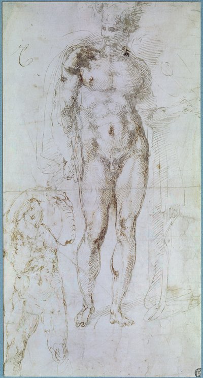 Studio per Apollo (ex Mercurio) nudo in piedi con un mantello drappeggiato sulle spalle e la figura di un uomo che porta un carico da Michelangelo Buonarroti