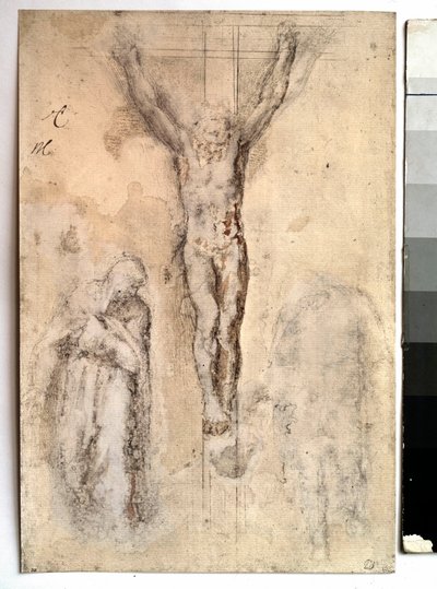 Studio per una crocifissione Rappresentazione di Cristo sulla croce con la Vergine e San Giovanni. Disegno di Michelangelo Buonarroti detto Michelangelo da Michelangelo Buonarroti