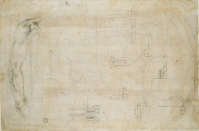 Studio del braccio di un uomo e alcuni schizzi architettonici, c1490-1560 da Michelangelo Buonarroti