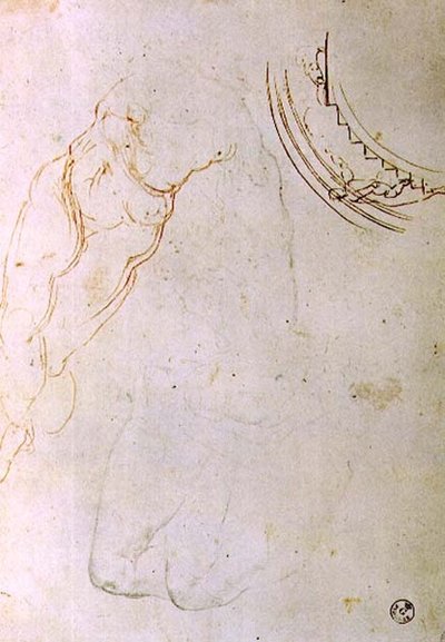 Studio di una figura prona con gambe incrociate e un progetto per una lunetta che mostra una figura che sale una scala da Michelangelo Buonarroti