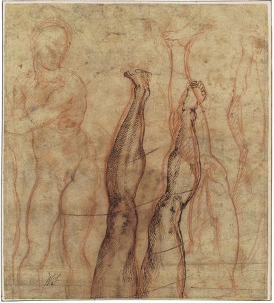 Cristo risorto, tre quarti di lunghezza nudo disegnato su studi di una gamba e un piede da Michelangelo Buonarroti
