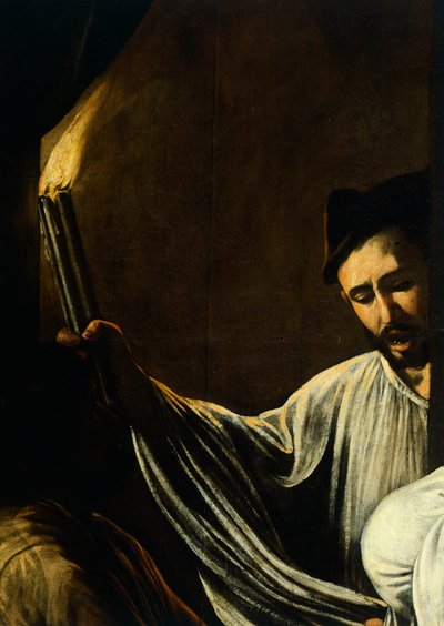 Un uomo che tiene una torcia e seppellisce un morto (dettaglio) da Michelangelo Merisi da Caravaggio