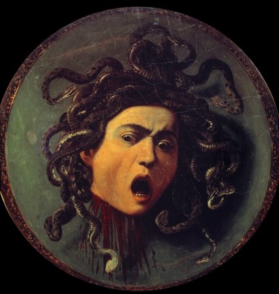 Testa di Medusa. Dipinto sul retro di uno scudo coperto di tela. Simbolo della vittoria della ragione sui sensi riferito al mito di Perseo e Medusa da Michelangelo Merisi da Caravaggio
