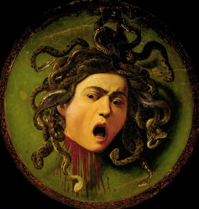 Medusa, dipinta su uno scudo da giostra in pelle, c.1596-98 (pre restauro) da Michelangelo Merisi da Caravaggio