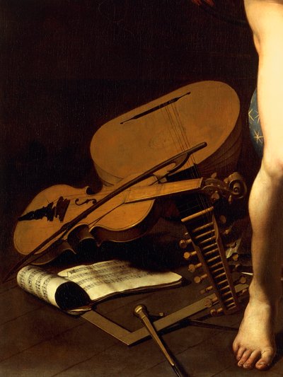 Rappresentazione di strumenti musicali, dettaglio di Amor Victorious, c.1602 da Michelangelo Merisi da Caravaggio