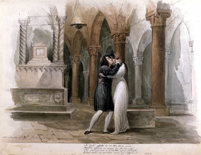 I Capuleti e i Montecchi (Les Capulet et les Montaigu) di Vincenzo Bellini, rappresentazione al Teatro La Fenice di Venezia. Giuditta Pasta e Giulia Grisi interpretano Romeo e Giulietta. Acquerello di Michele Bisi da Michele Bisi