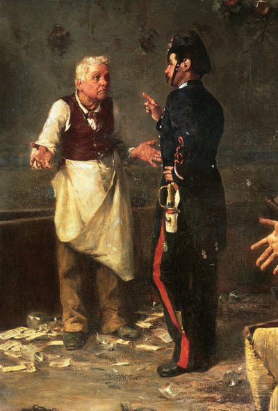 Dettaglio da Una partita a Trionfi o Rissa a Trastevere che mostra Poliziotto e oste da Michele Cammarano