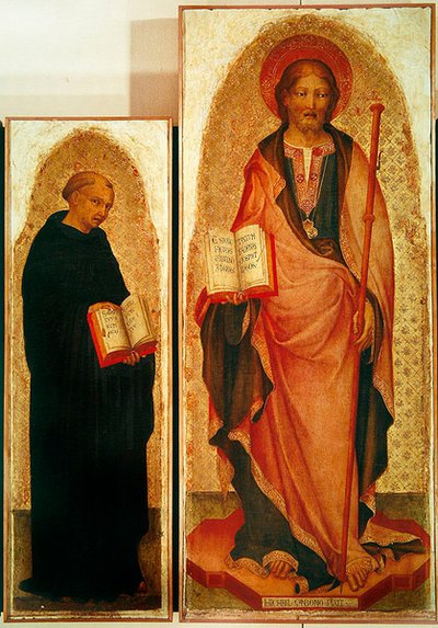 San Giacomo con santi, dettaglio di San Giacomo e Filippo Benizzi, c.1450 (dettaglio) da Michele Giambono