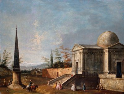 Figure eleganti davanti a una chiesa classica con cupola, un obelisco a sinistra da Michele Marieschi