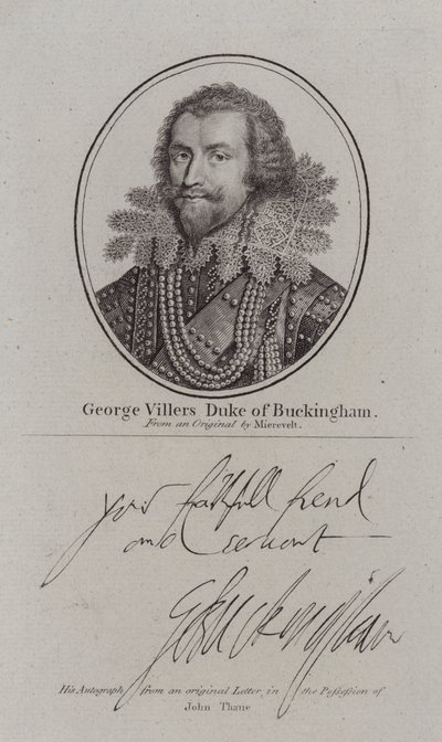 George Villiers Duca di Buckingham, cortigiano, politico e favorito del re Giacomo I (incisione) da Michiel Janszoon van (after) Miereveldt