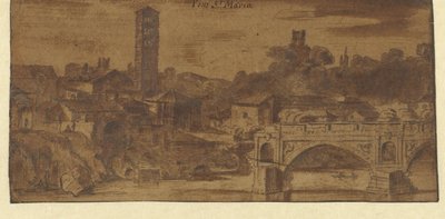 Veduta di S. Maria in Cosmedin, il tempio di Vesta e il Ponte S. Maria a Roma da Michiel van Overbeek